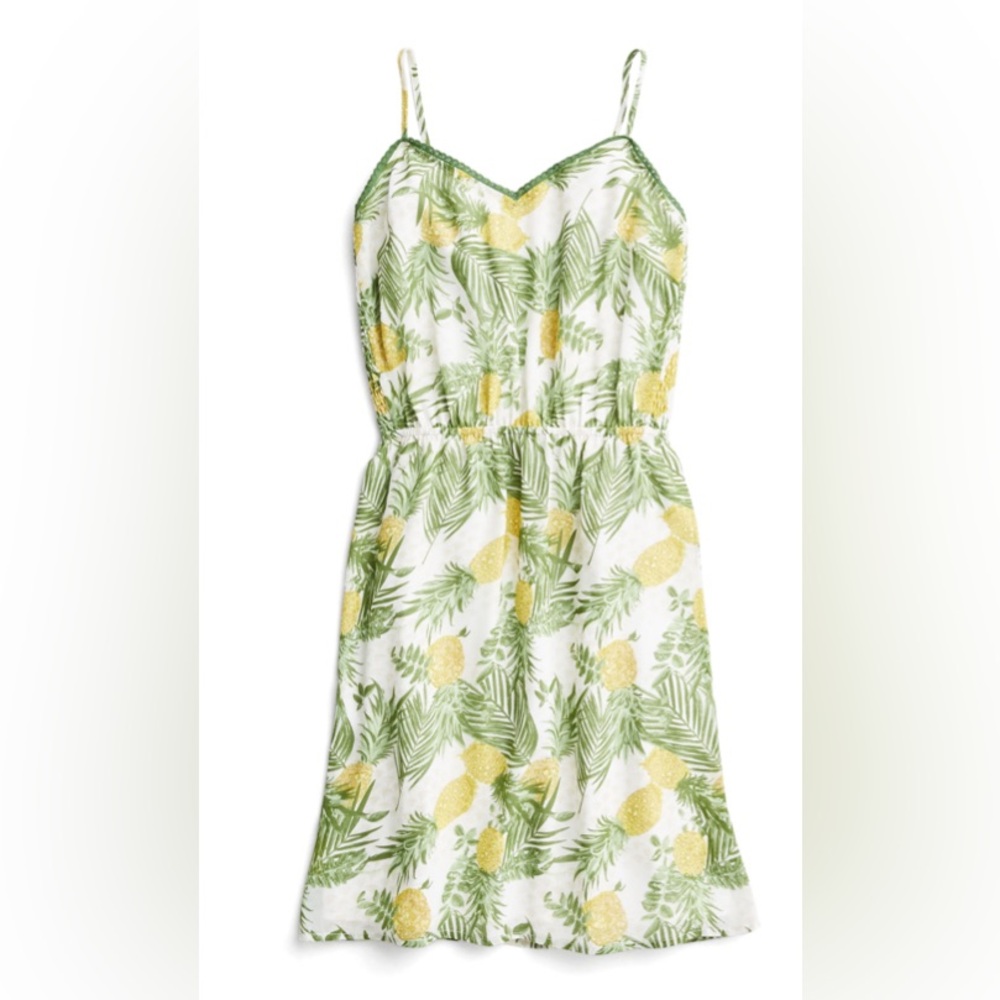 Skies Are Blue White Mini Sundress with Green Palm & Yellow Pineapple Print